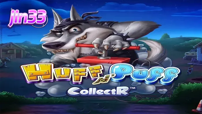 Tampilan visual slot Huff N' Puff CollectR dengan tema babi dan serigala